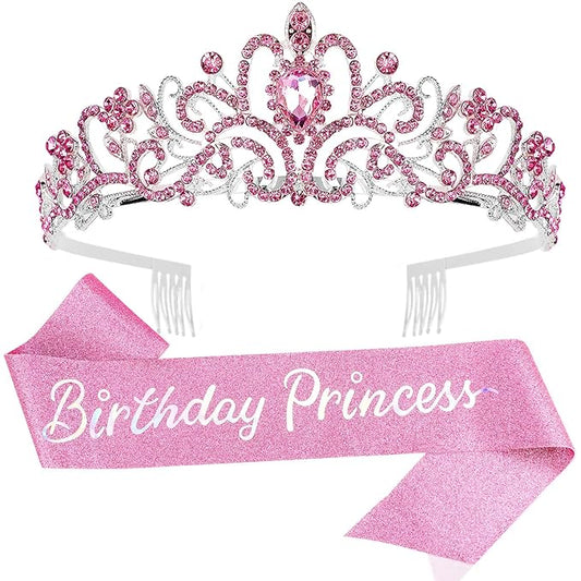 VELSCRUN Birthday Princess Crowns Tiaras, Girls Birthday Sash, Happy Birthday Decorations/Accessories for Women