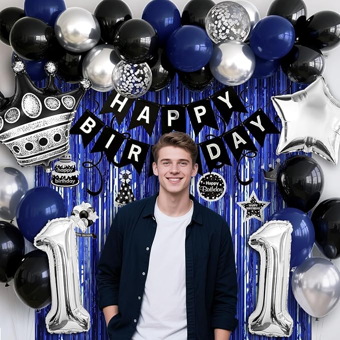 11th Birthday Decorations for Boys and Girls, Black Blue Silver Happy Birthday Number 11 Balloons, Banner, Fringe Curtains Garland Kit - 11 Year Old Party Supplies