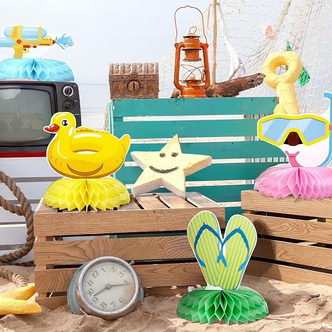 10 Pcs Summer Pool Honeycomb Table Centerpieces Decorations Beach Hawaii Theme Birthday Party Paper Table Topper Photo Props for BBQ Summer Pool Party Beach Favor Supplies
