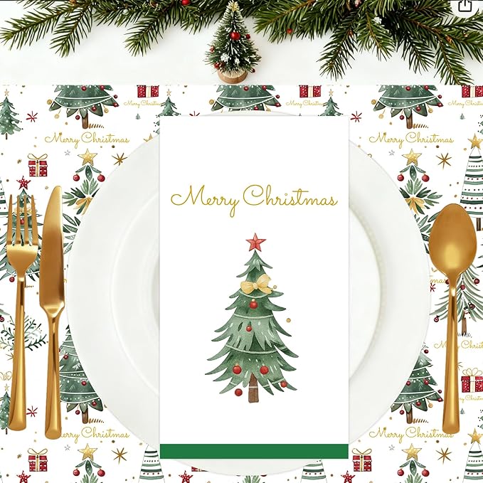 100 Pack Christmas Dinner Paper Napkins, Disposable Christmas Paper Hand Towels for Bathroom, Dinner, Kitchen & Xmas Holiday Party Supplies Xmas Guest Napkins Table Decor