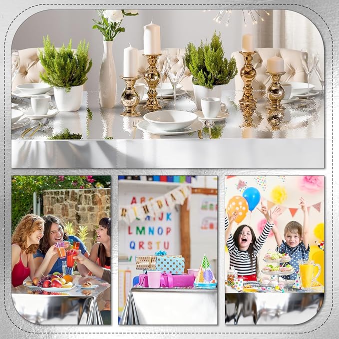 mwellewm 3Pcs Silver Tablecloth 54 * 72 inch Plastic Shiny Disco Table Cloth Disposable Foil Table Cover for Birthday New Year Decorations Wedding Christmas Anniversary Dinner Grad Party Supplies