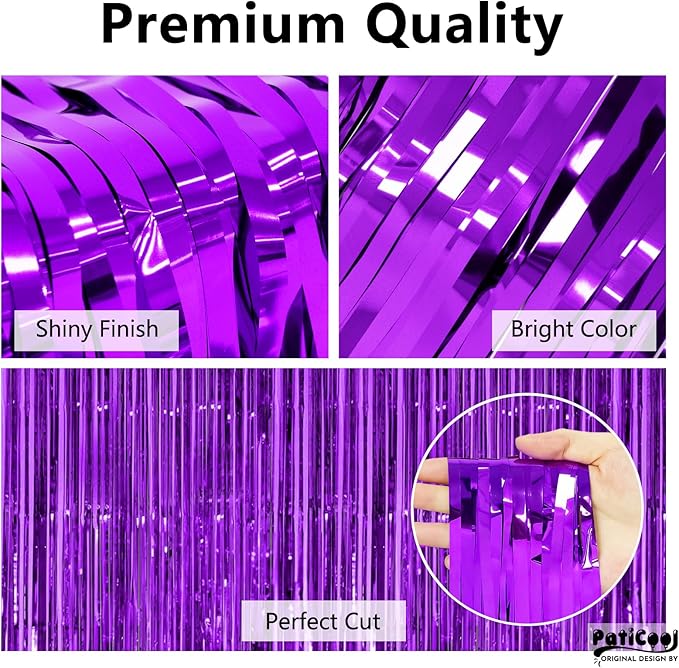 Purple Streamers Thicken 2 Pack 3.3 x 6.6 FT, Purple Tinsel Foil Fringe Curtains, Photo Booth Props Backdrops for Birthday, Halloween, Graduation Party Decorations