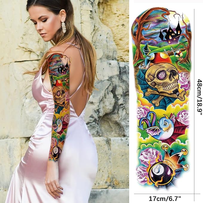 Colorful Temporary Tattoo Sleeve for Kid, 4-Sheet Full Arm Watercolor Realistic Fake Sleeve Tattoo Sticker Halloween and 4-Sheet Large Skull Joker Half Temp Tatoo Boy Girl Leg Party Favor Body Art
