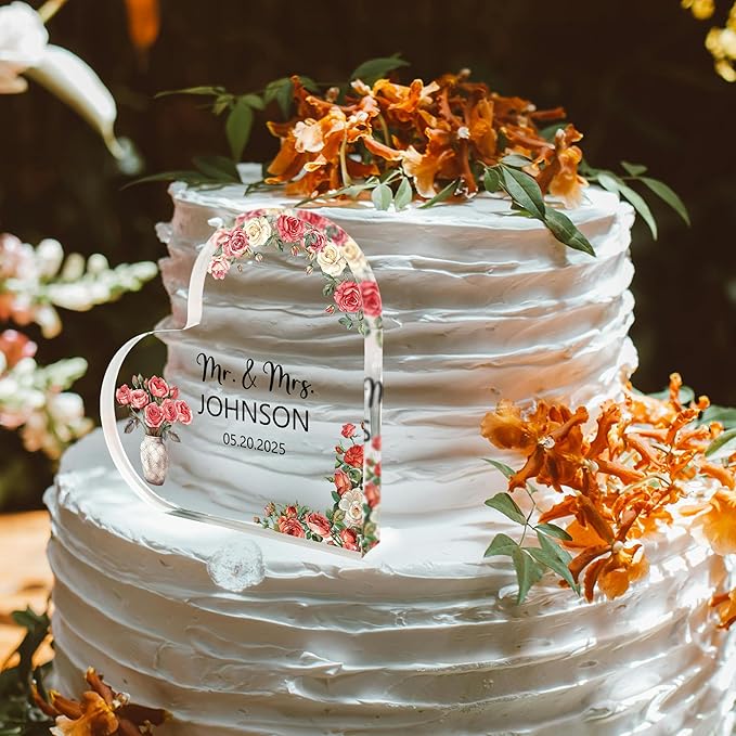 Custom Wedding Heart Acrylic Plaque,Mr & Mrs Cake Topper,Personalized Wedding Keepsake/Gift/Sign (Style 9)