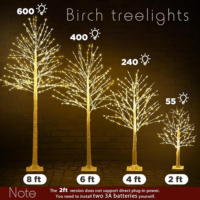 Baquler 8 Pack Lighted Birch Tree - Large Christmas Warm-White LED 8 Mode Light Birch Tree Decoration Set for Thanksgiving Holiday Fall Winter Party Decor, Indoor & Outdoor (2 4 6 8 ft)