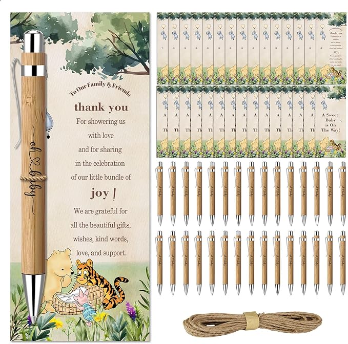 30 Pieces Baby Shower Gifts for Guests, Winnie Baby Shower Sets, Included Bamboo Pens Greeting Cards for Games, Gender Reveal Souvenirs Prizes, Winnie Baby Shower Decorations