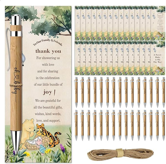 30 Pieces Baby Shower Gifts for Guests, Winnie Baby Shower Sets, Included Bamboo Pens Greeting Cards for Games, Gender Reveal Souvenirs Prizes, Winnie Baby Shower Decorations