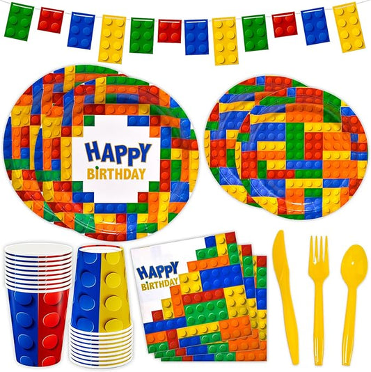 Dylives 180 Pcs Building Block Party Supplies - Birthday Party Decorations Kids Boys Disposable Tableware, Colorful Block Banner, 9" & 7" Plates Napkins Cups Cutlery, Serves 24
