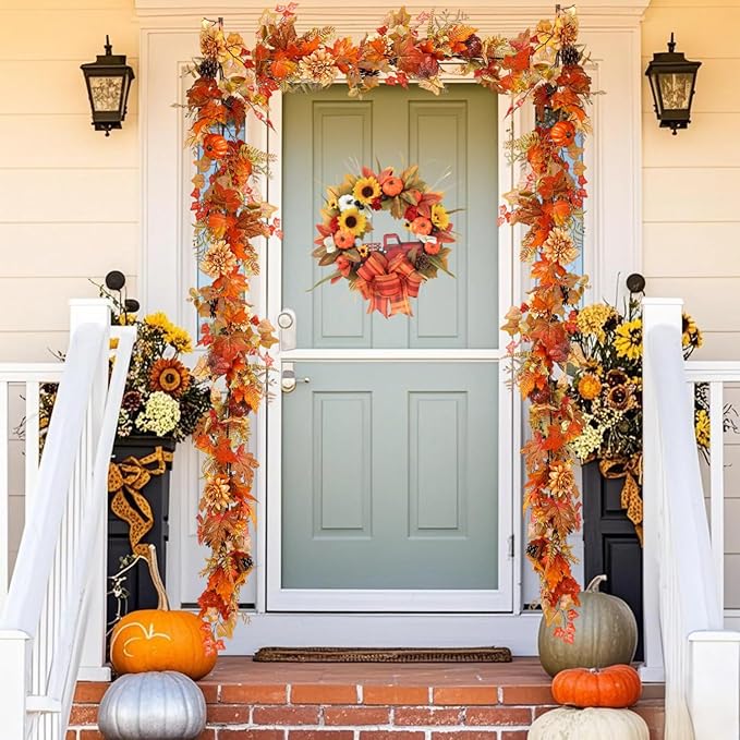 Fall Decor,6 FT Fall Garland for Mantel,Table Centerpiece, Home Porch Fireplace,Door, Lighted Autumn Decoration with Maple Leaves, Pumpkins,Flowers, Pinecones for Thanksgiving, Christmas