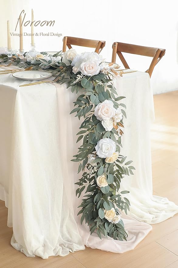 Floroom 6ft Artificial Eucalyptus Garland with Flowers Fake Greenery Faux Floral Vine Garland for Table Decor Wedding Centerpieces Bridal Shower Party Decorations, Cream White