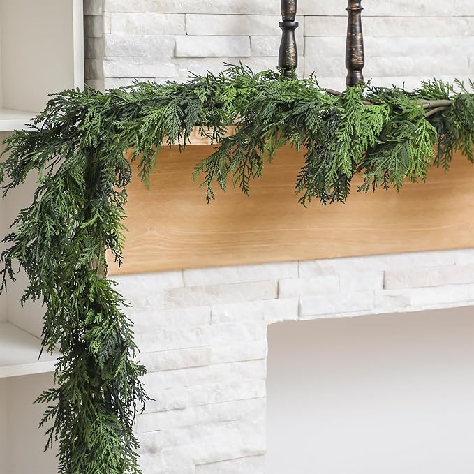 Jutom 1 Pcs 6 ft Christmas Cedar Garland Greenery Realistic Cedar Pine Needles Garland Artificial Decoration for Table, Mantel, Wall, Home Winter Holiday Party Decor