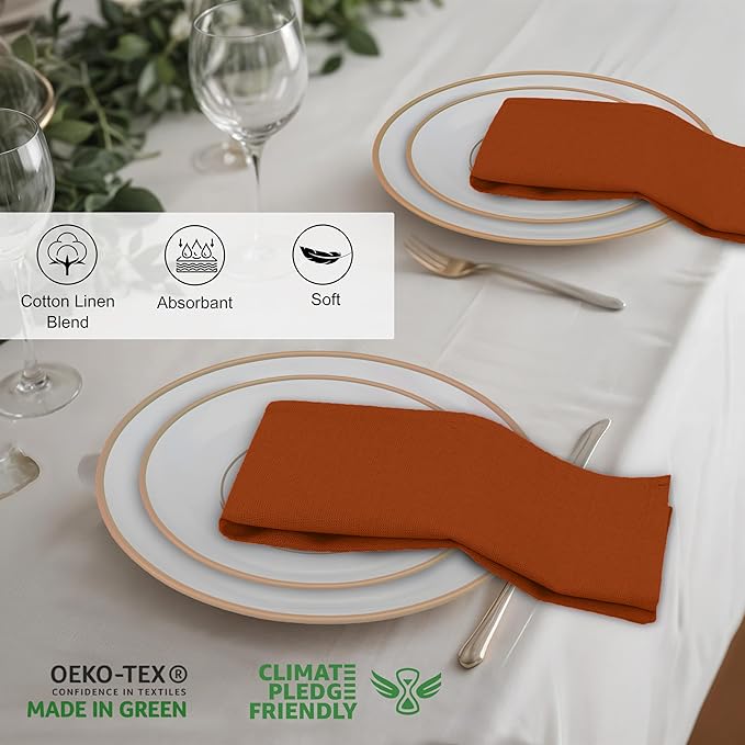 Ruvanti Linen Napkins Set of 12, 18x18 Cloth Napkins, Cotton Linen Blend Napkins Cloth Washable, Soft, Reusable Dinner Napkins for Wedding, Parties, Christmas, Thanksgiving, Everyday Use - Rust