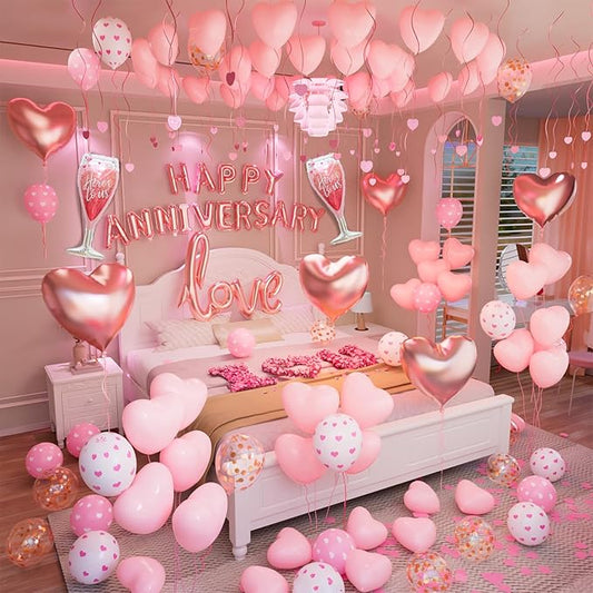 Bonropin Pink Valentine's Day & Anniversary Decorations: 36 Latex Balloons, 1 Glass Balloon, 1000 Rose Petals, Glue & More