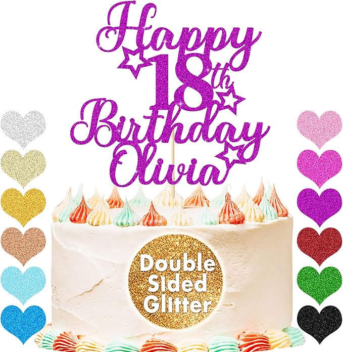 EDSG Happy Birthday Cake Topper - Purple, 1pcs, 3pcs Set, Non-Edible, Double-Sided Glitter, Customizable