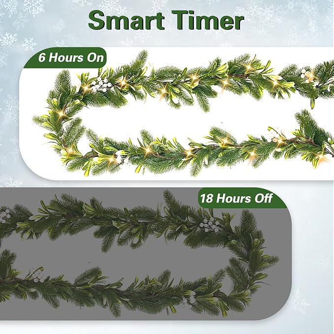 6FT Pre-lit Christmas Pine Garland with Olive Berry,Battery Operated Garlands Xmas with Timer,Faux Greenery Vine for Home Mantle Fireplace Stair Decor