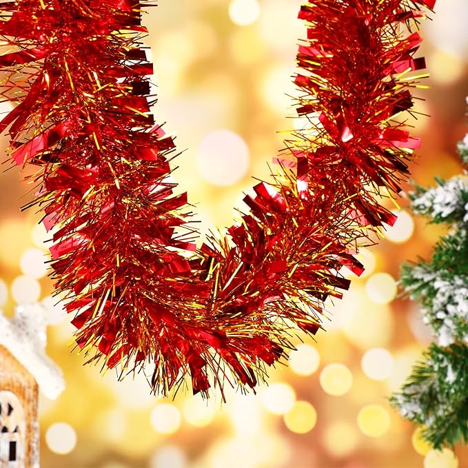 Dilunave 40 Feet Christmas Tinsel Garland Metallic Foil Twist Tinsel Garland Decoration for Christmas Tree, Wedding, Birthday and Party Hanging Decorations(Gold, Red)