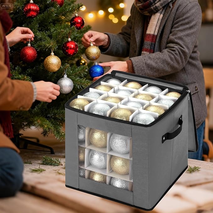 inin Christmas Ornament Storage Box with Adjustable Dividers,Christmas Ornaments Organizer with Zippered Top,Storage Container Bin for Holiday Decorations(64 Ball, Gray, Without Tray)