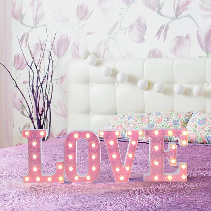 Foaky Pink Light up Letters，Pink Party Decorations,Girls Room Decor,Glitter Light Up Letters,Alphabet Letter Sign for Night Light Birthday Party Girls Gifts, Home Bar Decoration（A）