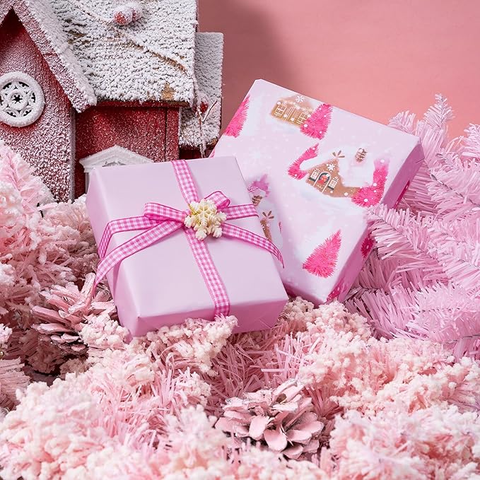 WRAPAHOLIC 30 Inch Jumbo Reversible Christmas Wrapping Paper - 30 Inch x 100 Feet Jumbo Roll Pink Gingerbread House and Solid Pink Wrapping Paper for Christmas, Holiday, Party Celebration