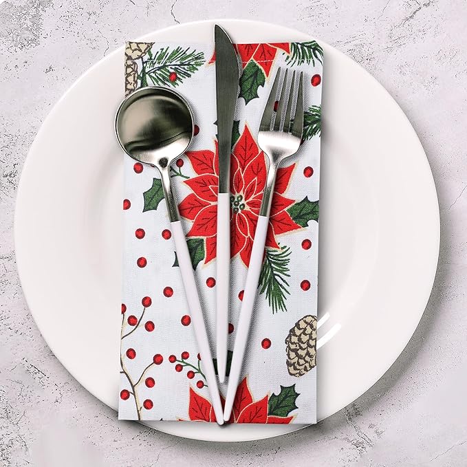 Urban Villa Christmas Dinner Napkins Set of 12 Pine Cone Print Cloth Napkins 100% Cotton Premium Quality 20x20 Inches Over Sized Cloth Napkins with Mitered Corners Durable Hotel Quality