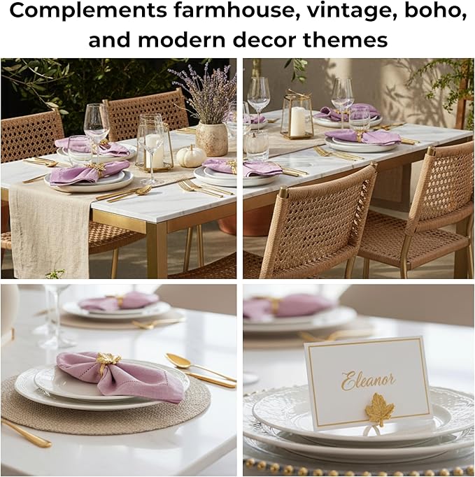 Set of 12 Maple Leaf Napkin Rings - Handcrafted Aluminum Napkin Holders for Cloth & Paper Napkins, Elegant Table Décor for Weddings, Thanksgiving, Christmas & Holiday Parties (Gold) - CLEENTABLE