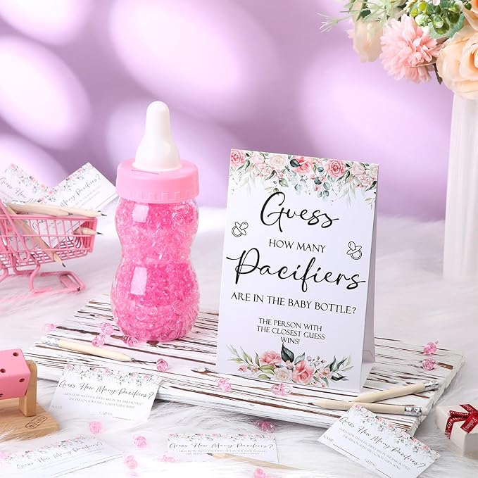 Roowest 512 Pcs Baby Shower Games Guess How Many Pacifiers Sign 100 Small Guessing Games 10 HB Pencils 750ml Milk Bottle 400 Acrylic Pacifiers Decoration for Guest Gender Reveal(Pink,Flower)
