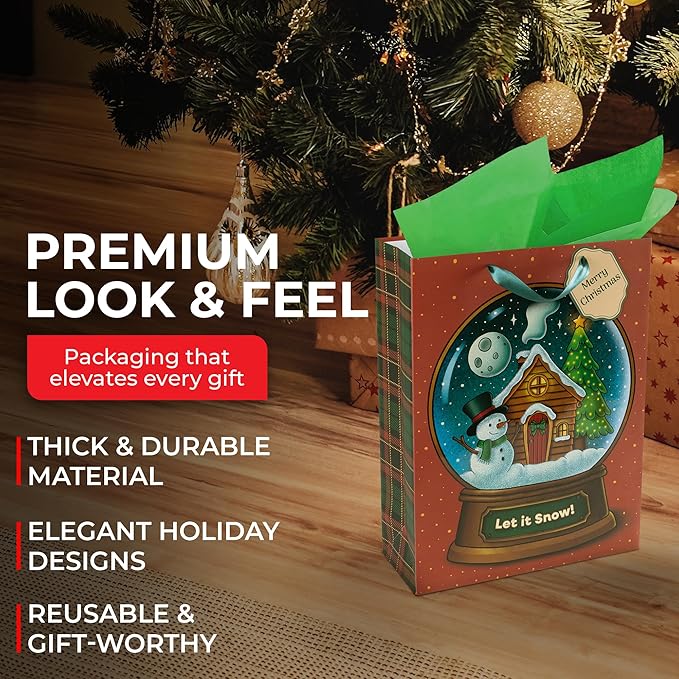 RACHELLE'S Snow Globe Christmas Gift Bags – Large 16"x12"x5" (10-Pack) – Sturdy Paper Gift Bags with Tissue Paper, Tag and Handle – Let It Snow – Perfect for Christmas Holiday Gifting & Party Favors