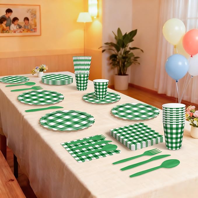 192 PCS Gingham Party Supplies Serve 24 Guests Gingham Plates and Napkins and Cups for Birthday Decorations Baby Shower Checkered Party Dinnerware Sets for Girl Boy Dark Sage Green Christmas