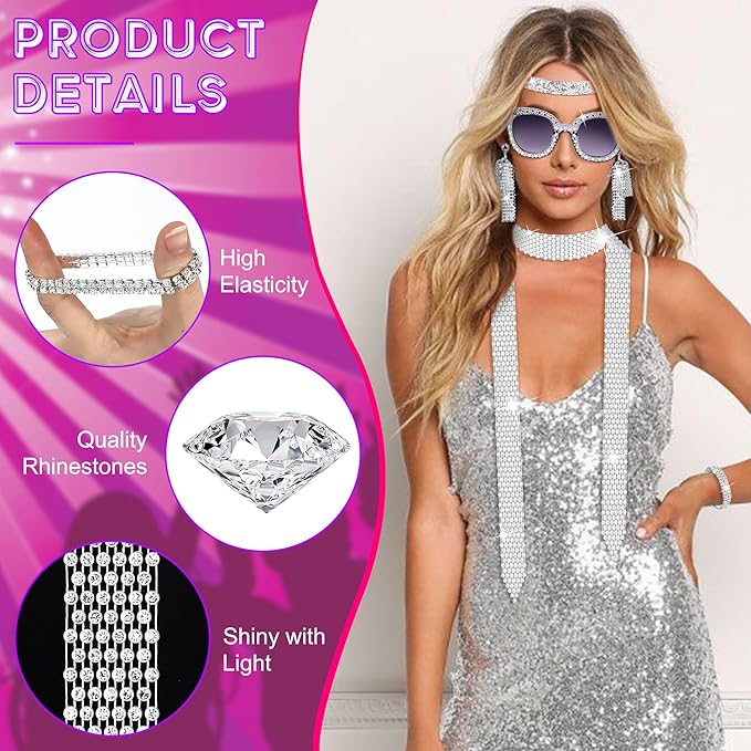 6 Pcs 70s Disco Accessories for Women Costume Jewelry Set Disco Earrings Ring Sequin Scarf Sunglasses Bracelet Headband