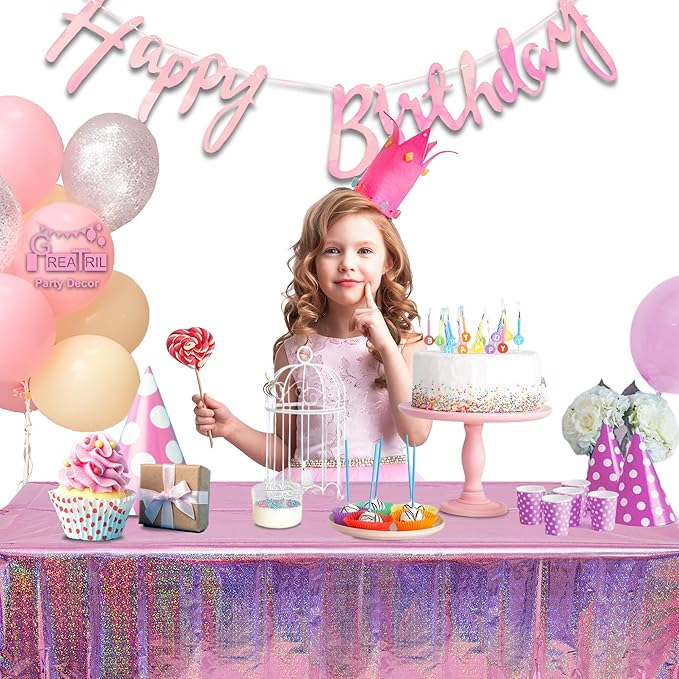 GREATRIL Pink Party Table Cloth Disposable Rectangle Tablecover for Birthdays Girls Princess Anniversary Celebration Tablecloth Decorations - 54'' x 108'' - 2 Packs