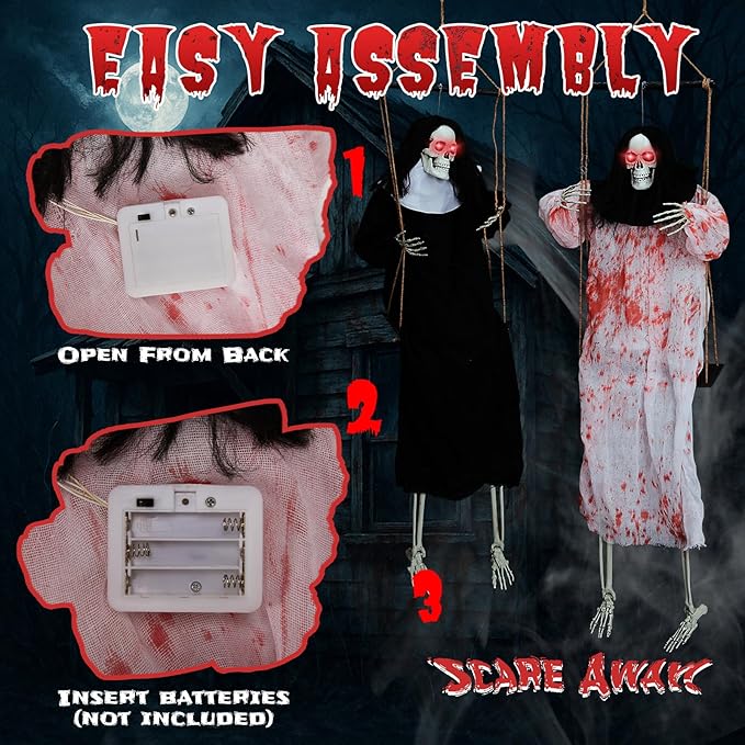 VINGLI Halloween Hanging Swining Skeleton Ghost with Creepy Sounds & Flashing Red Eyes, Scary 2 Pack for Indoor Haunted House Party & Outdoor Graves Scary Yard Garden Lawn Decoration.