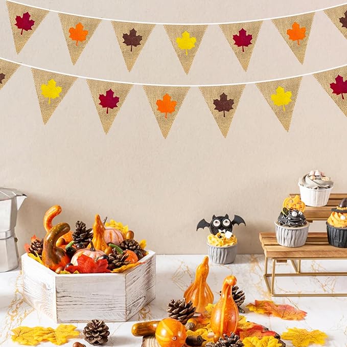 24Ft Fall Burlap Banner Fall Maple Leaves Burlap Pennant Triangle Flag Garland Streamers Vintage Fireplace Wall Hanging for Fall Party Decorations Happy Fall Day Rustic Autumn Birthday Decorations