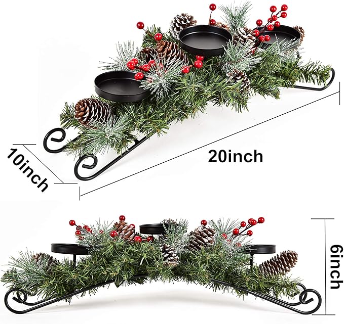 DearHouse Christmas Candle Holder Centerpiece,Pine Cones and Red Berry Table Centerpiece with 3 Candle Holders Table Accent Centerpiece for Festival Home Decoration 20"x10"x6.1"(L x W x H)