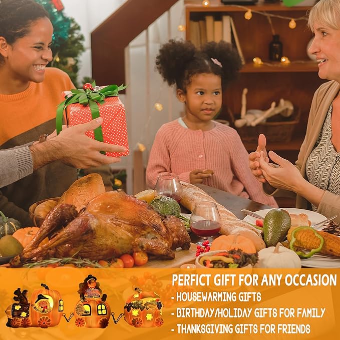 Hexagram Thanksgiving Decorations Indoor - Turkey Decor Thanksgiving Table Decorations - Lighted Turkey Pumpkin Train Decor - Pumpkin Figurines Centerpieces for Tables - Light Up Home Tabletop