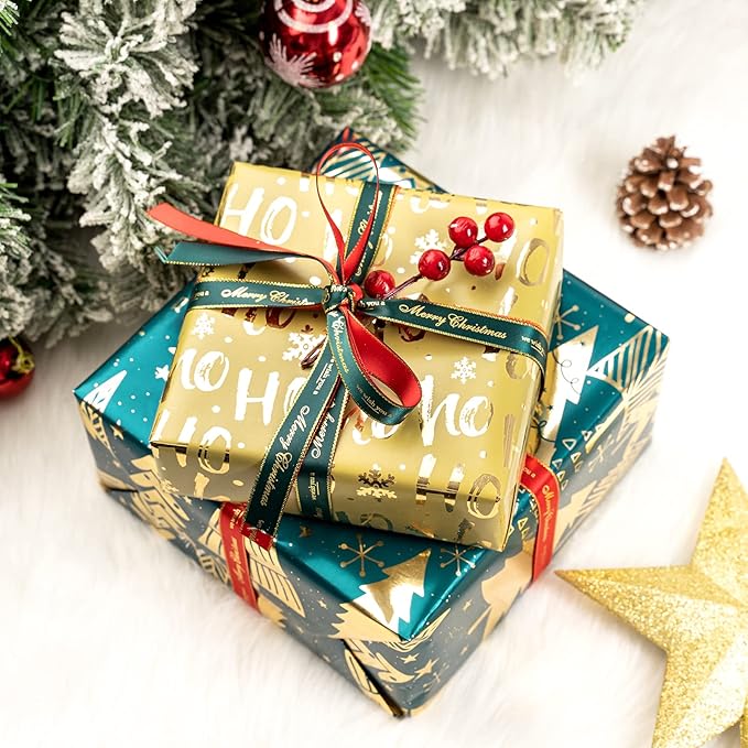 MAYPLUSS Christmas Wrapping Paper Roll - Mini Roll - 17 inch X 120 inch Per roll - 3 Different Dark Green with Glitter Metallic Foil Design(42.3 sq.ft.ttl) for Party St.Patrick's Day