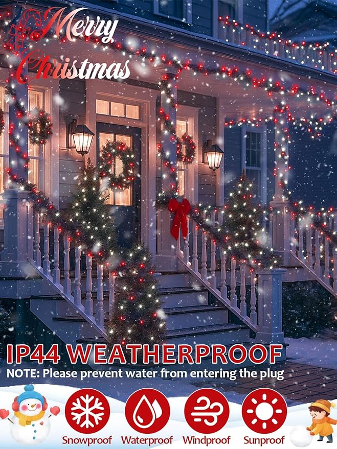 Voice Controlled Smart Christmas Lights Outdoor, 75.8ft 200 LED Extendable String Lights with 7 Voice Commands, 12 Modes & Timer, Waterproof Christmas Decorations for Party Tree Garden (Red and White)