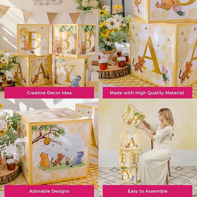 Kate Aspen A Little Honey Is On The Way Winnie Baby Boxes with Letters for Baby Shower, Classic Bear Gender Reveal Decorations, Table Centerpiece, Set of 4 Stackable Boxes