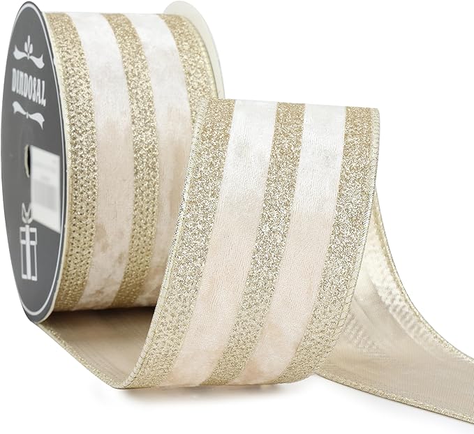 Champagne Velvet Wired Ribbon with Glitter Stripe 2.5 Inch Crushed Velvet Christmas Ribbon, 10 Yards for Gift Wrapping, Crafts, Christmas Tree Decorations, Wreaths, Garlands