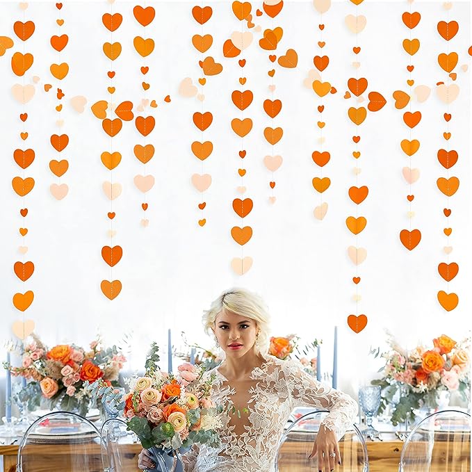 Orange Party Decorations Gradient Orange Heart Garland Hanging Paper Streamer for Fall Autumn Valentines Day Wedding Bridal Shower Birthday Baby Shower Engagement Thanksgiving Harvest Party Supplies