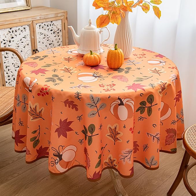 Thanksgiving Waterproof Tablecloth – Fall Harvest Pumpkins, Maple Leaves & Berries Print – Autumn Rectangle Table Cover for Dining or Party, Brown, 60" Round