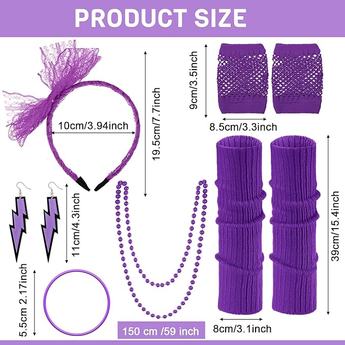 Handepo 19 Pcs 80s Costume Accessories Holographic Fanny Pack Leg Warmers Lace Headband Earrings Gloves Necklace Bracelet