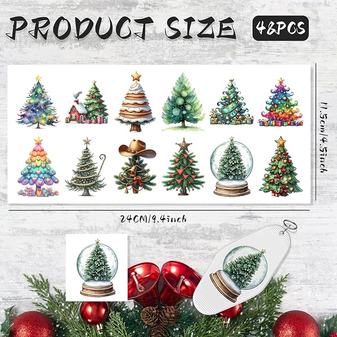 UV DTF Keychain Sticker,48 Sheets Cute Christmas Tree Transfer Stickers Suitable for Hotel Keys,and Crafts Decoration