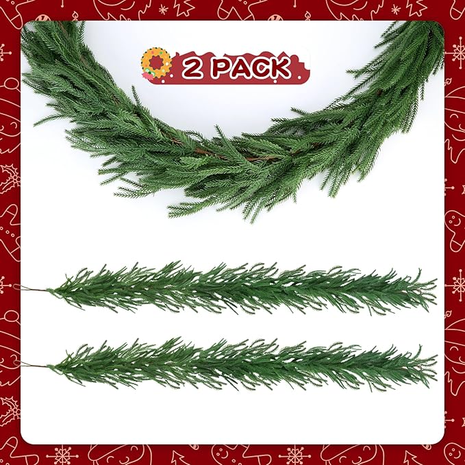 12ft 2Pcs*6ft Artificial Norfolk Pine Garland,Christmas Garland Greenery Garland for Mantle, Fireplace, Table, Wall, Window, Bedroom, Indoor Outdoor Holiday Winter Christmas Decorations (2, 6FT)