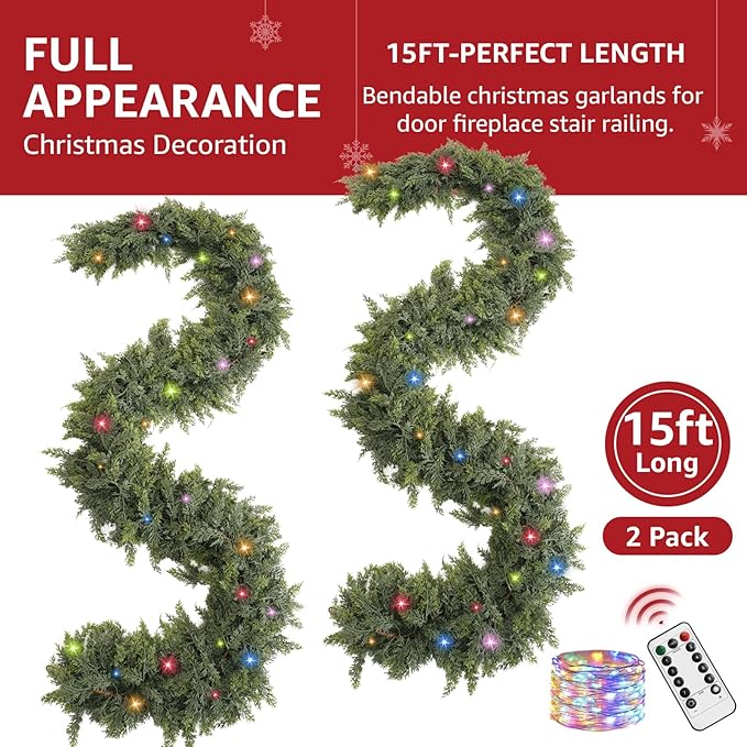Cedar Christmas Garland with Lights for Mantle - 2 PACK Decorations 15ft Realistic Lighted Faux Pine Garlands for Xmas Home Decoration Indoor Stairs Railing Fireplace Outdoor Prelit Garland Door Decor