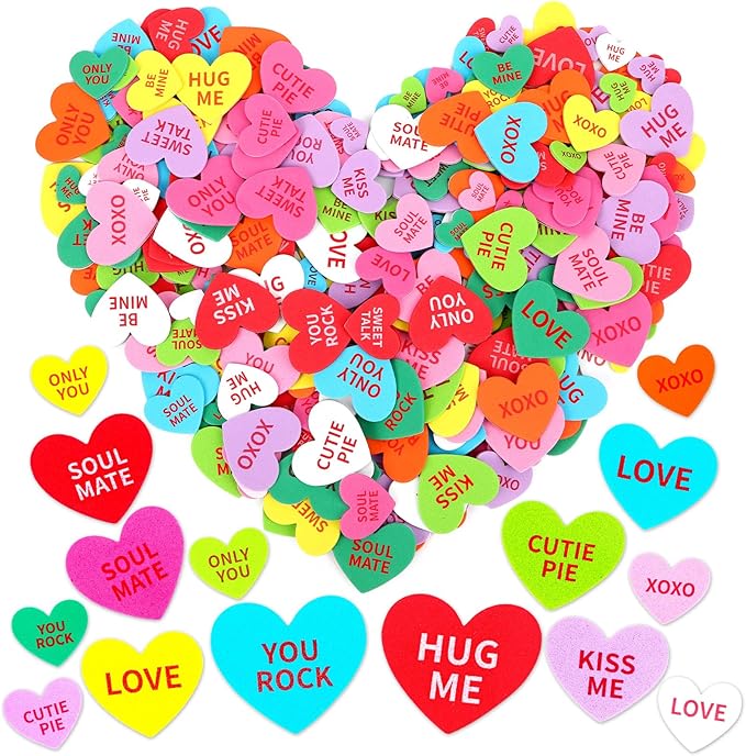 JULBEAR 300 Pcs Valentine's Day Conversation Heart Foam Stickers Self-Adhesive Colorful Mixed Foam Stickers for Kids Party Valentine's Day Wedding DIY Crafts Favor Supplies Home Decorations