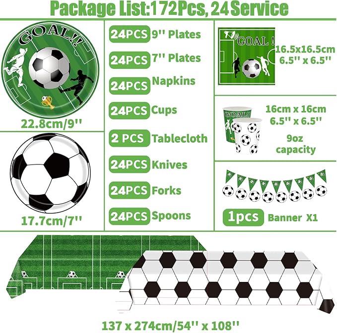 172pcs Soccer Theme Party Supplies Set, Plates, Cups, Napkins, Tablecloth and Banner, Sports Birthday Decorations for 24 Guests