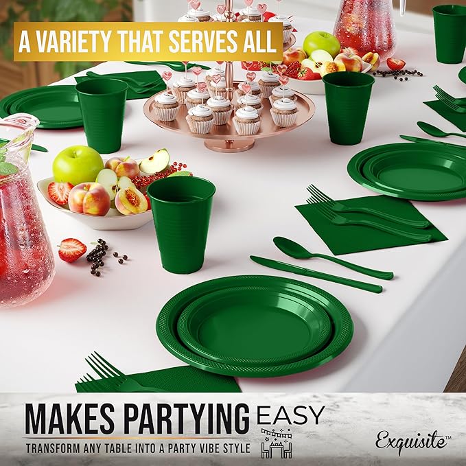 Party Solids 350 Pieces Emerald Green Plastic Plates For Party, Emerald Green Disposable Plates Set, 50 Of Each 9" Dinner Plate Set, 7" Dessert Plate, Cups, Napkins & Cutlery Plastic Dinnerware