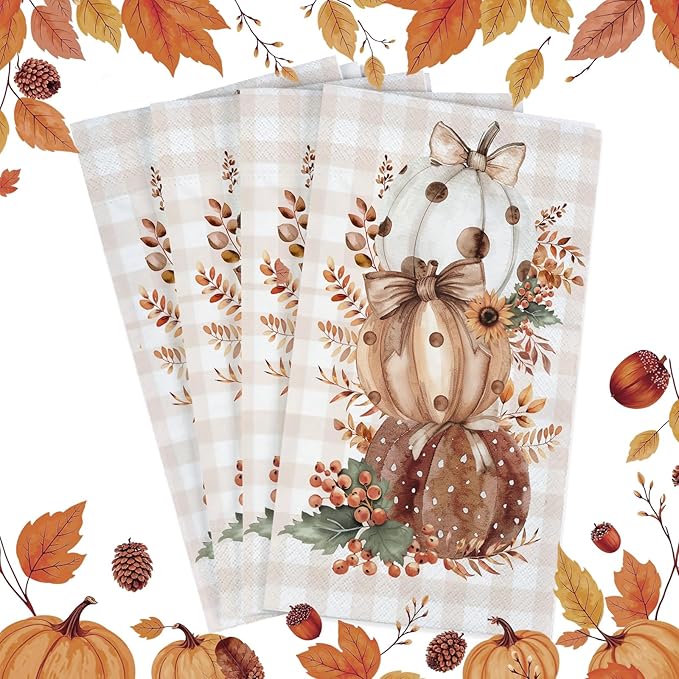 100 Pcs Thanksgiving Napkins Disposable Fall Paper Napkins for Autumn Harvest Brown Pumpkins and Buffalo Plaid Paper Hand Towels for Bathroom Kitchen Halloween Party
