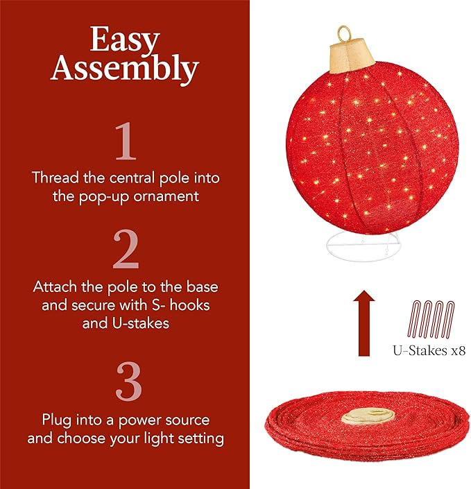 Best Choice Products 2pc Lighted Pop-Up Outdoor Christmas Ornament Set, Holiday Ball Decoration w/ 180 LED Lights, 8 Light Functions - Red/White