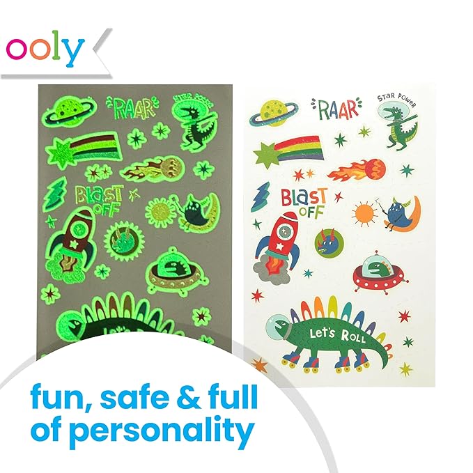 Ooly 40+ Glow in the Dark Temporary Tattoos For Kids, Safe & Non-Toxic Temporary Tattoo, Party Favors Gifts for Kids - Zero Gravity Dinos